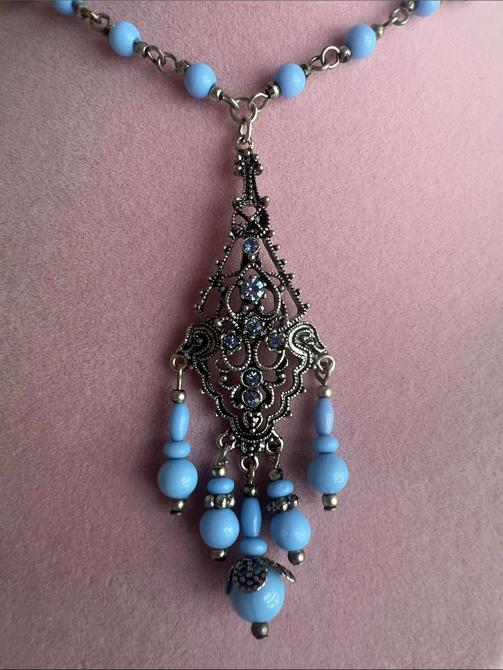 Blue Beaded Filigree Pendant Necklace - Women Jewelry